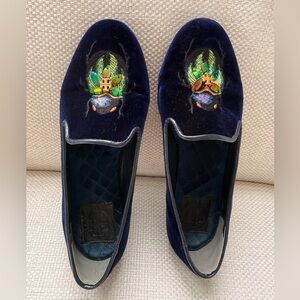 Tory Burch Navy Velvet Embroidered Crest Loafers